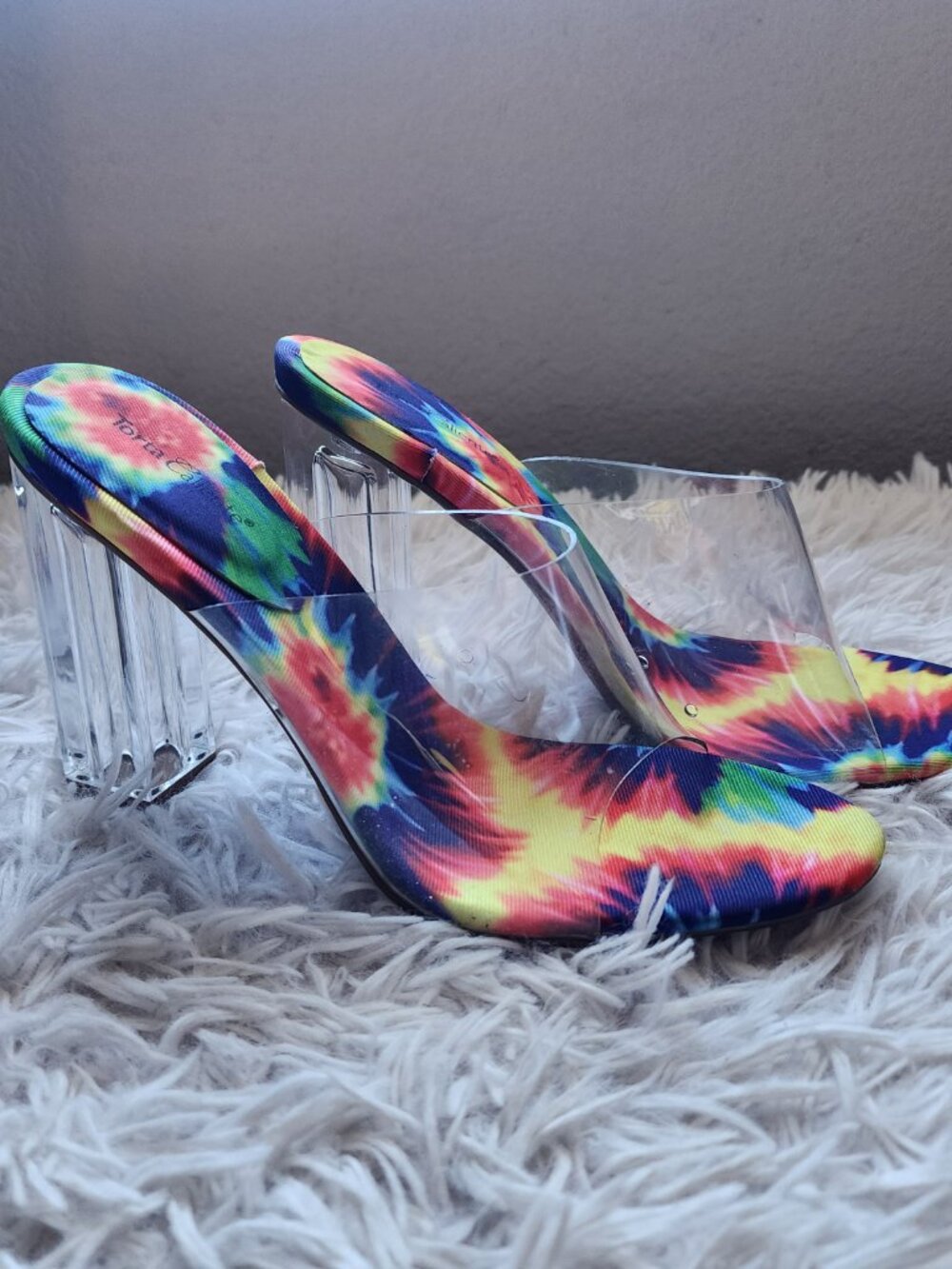 Torta Caliente Rainbow Tie Dye Clear Block High Heel Mules